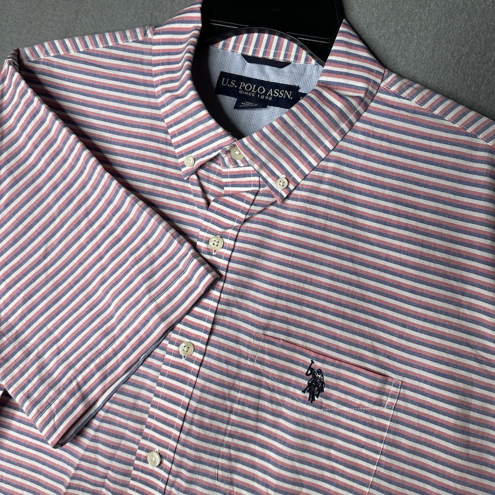 US Polo‎ Assn Men's Dress Shirt horizontal stripes pink and blue Size Large pony